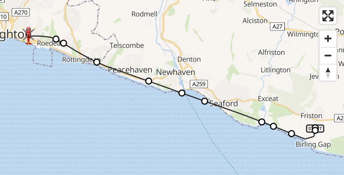 Flight route Air Ambulance Helicopter East Dean - Brighton, 17 August 2026, 13:17