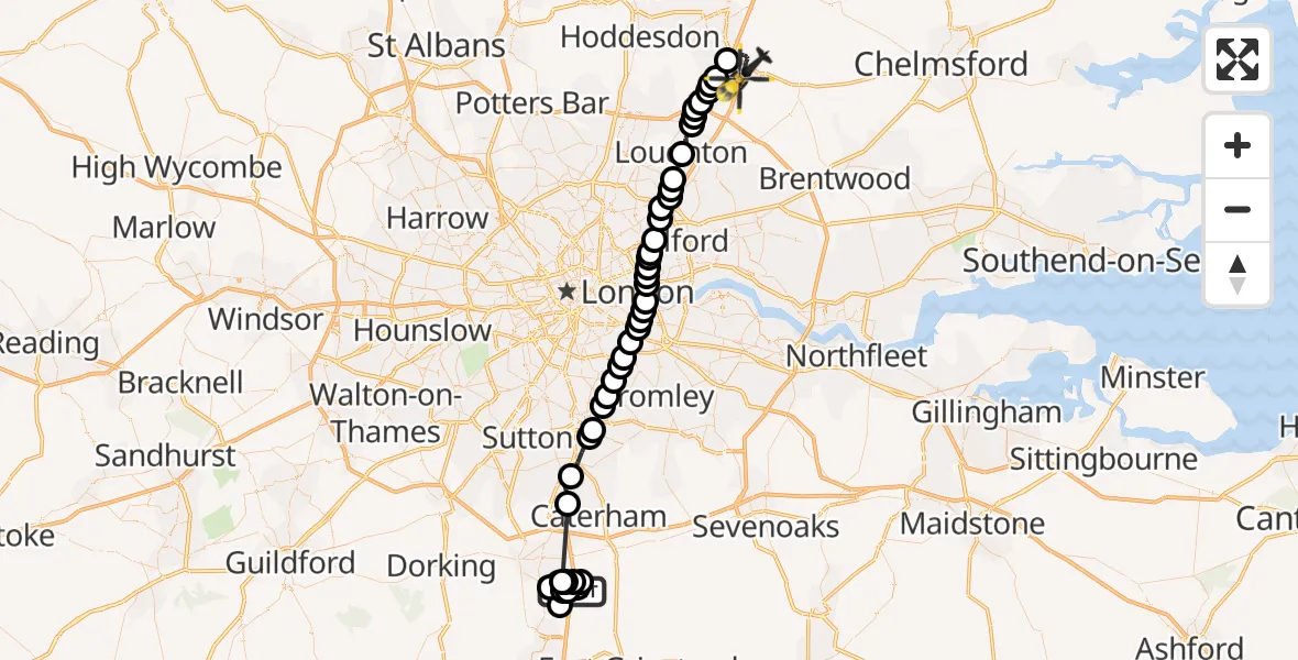 Flight route Police Helicopter Outwood - North Weald Airfield, 17 August 2026, 13:19