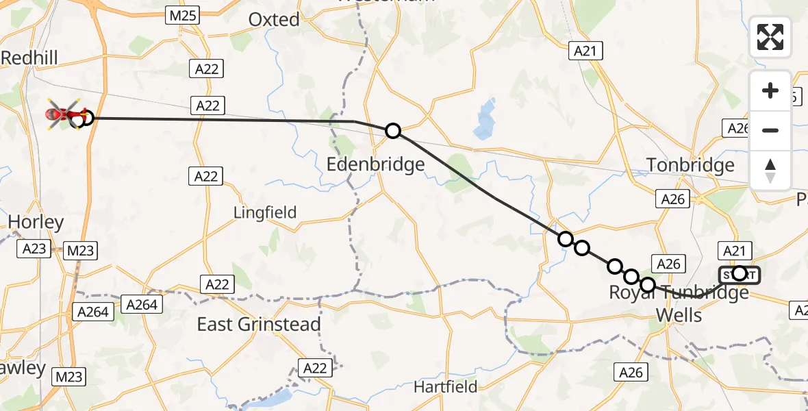 Flight route Air Ambulance Helicopter Tunbridge Wells Hospital Heliport - Redhill Aerodrome, 17 August 2026, 13:24