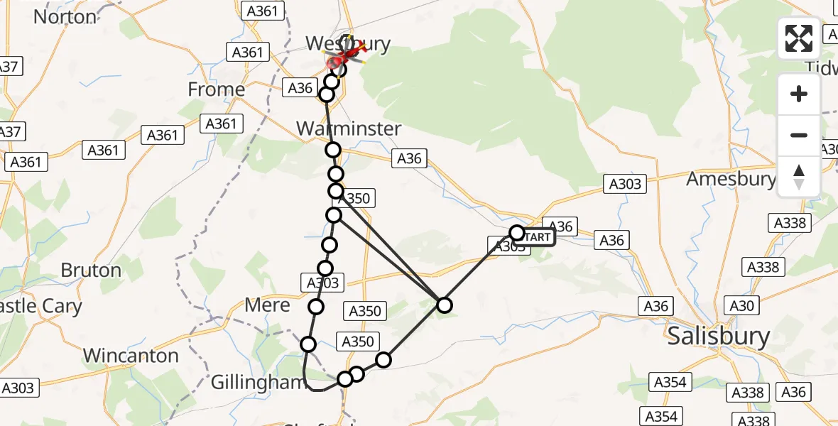 Flight route Air Ambulance Helicopter Wylye - Westbury, 17 August 2026, 13:30