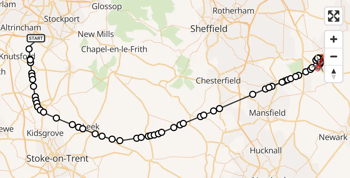 Flight route Air Ambulance Helicopter Manchester Airport - Gamston, 17 August 2026, 13:48