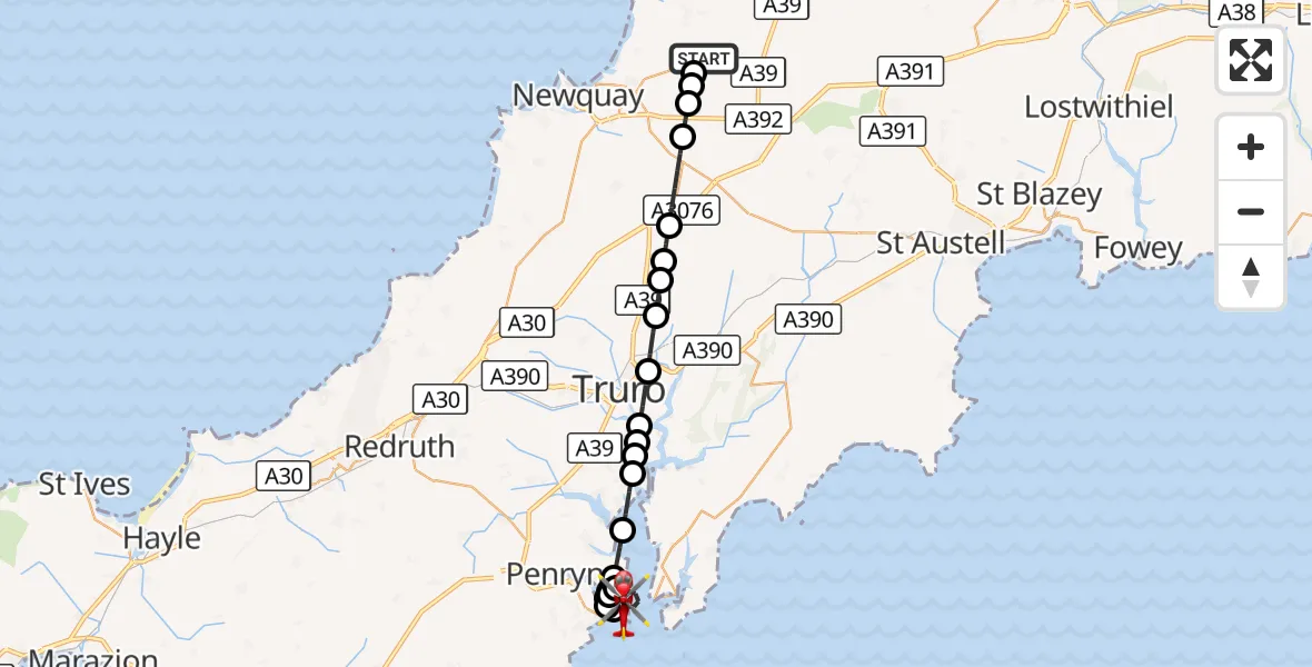 Flight route Air Ambulance Helicopter Cornwall Airport Newquay - Falmouth, 17 August 2026, 13:57