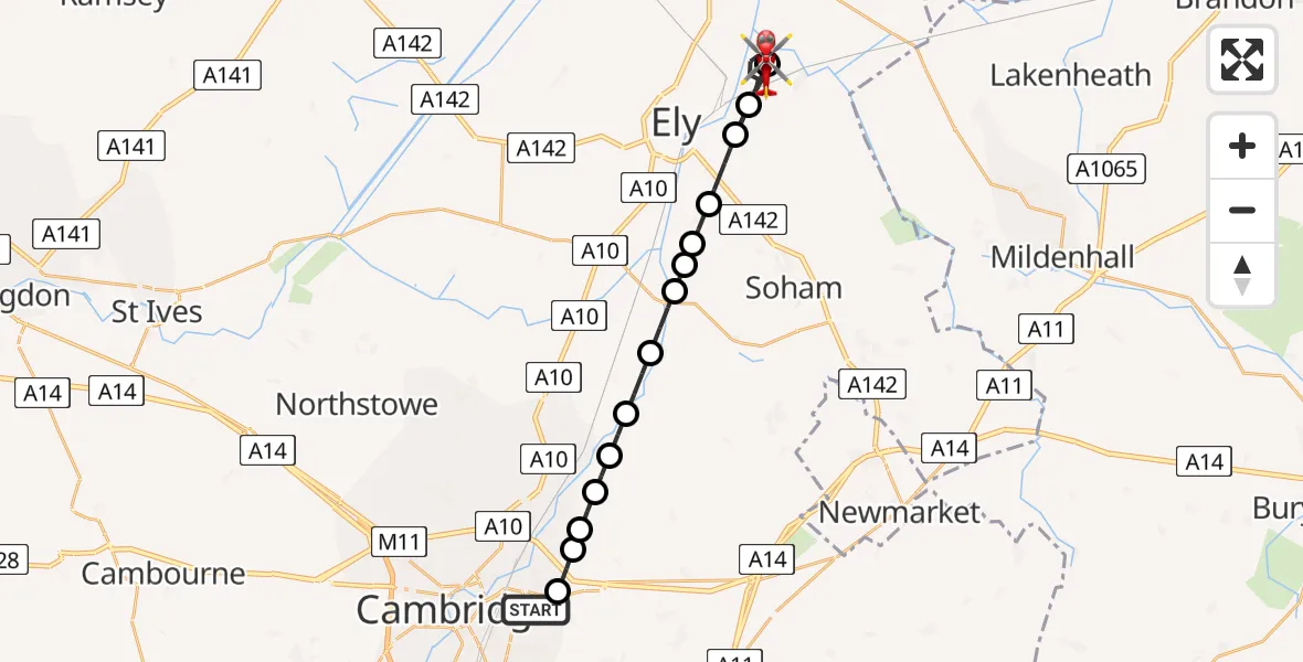 Flight route Air Ambulance Helicopter Cambridge City Airport - Queen Adelaide, 17 August 2026, 14:00