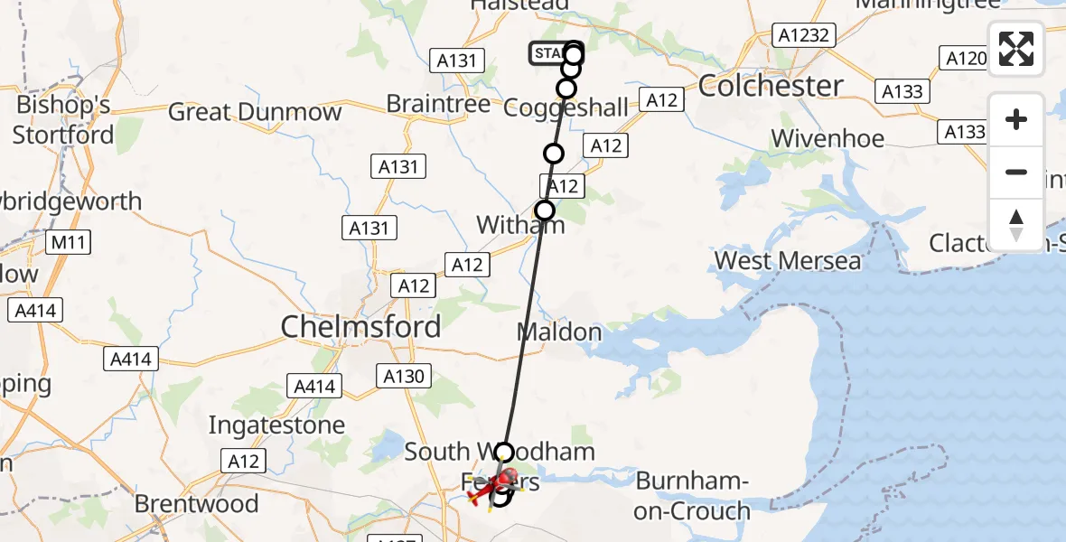 Flight route Air Ambulance Helicopter Earls Colne Airfield - South Woodham Ferrers, 17 August 2026, 14:07