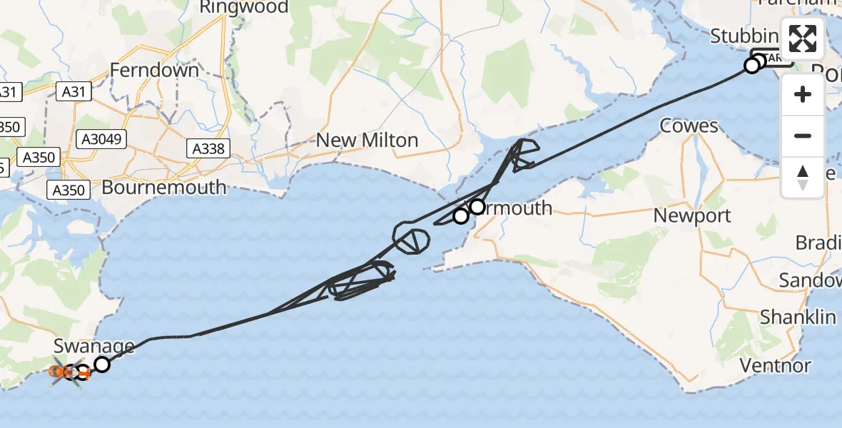 Flight route Coastguard Helicopter Solent Airport - Swanage, 17 August 2026, 14:20