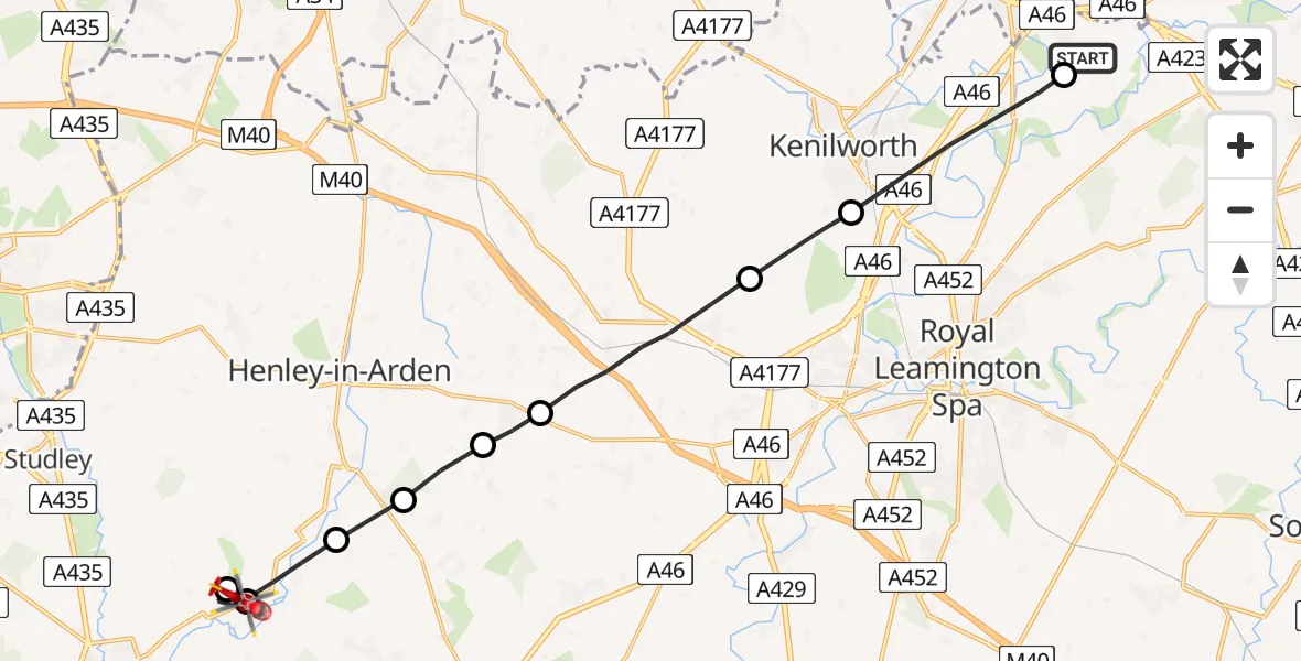 Flight route Air Ambulance Helicopter Coventry Airport - Aston Cantlow, 17 August 2026, 14:27