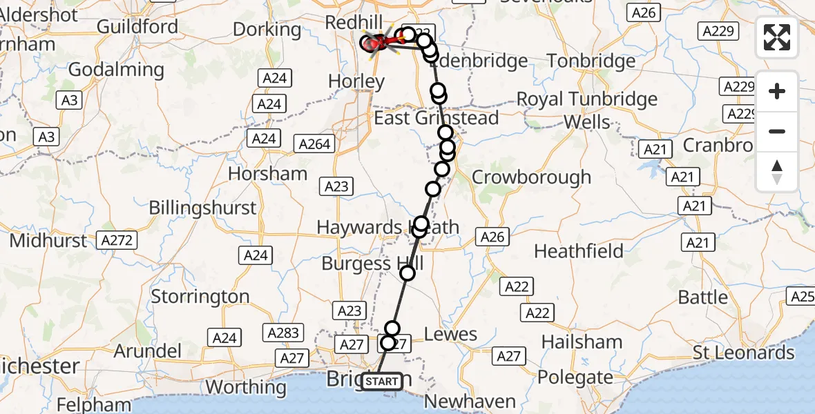 Flight route Air Ambulance Helicopter Brighton - Tandridge, 17 August 2026, 14:27