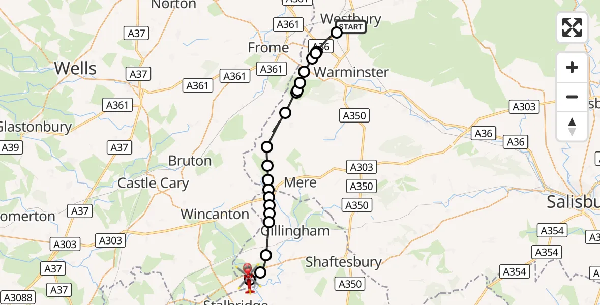 Flight route Air Ambulance Helicopter Westbury - Henstridge Airfield, 17 August 2026, 14:33