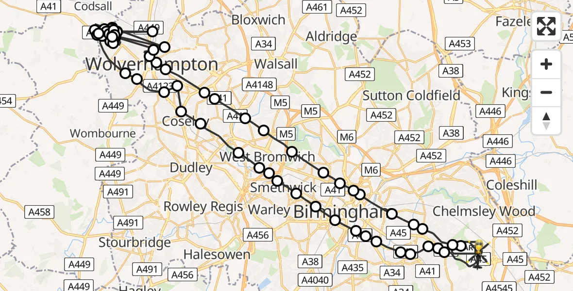 Flight route Police Helicopter Birmingham Airport - Birmingham Airport, 17 August 2026, 14:36