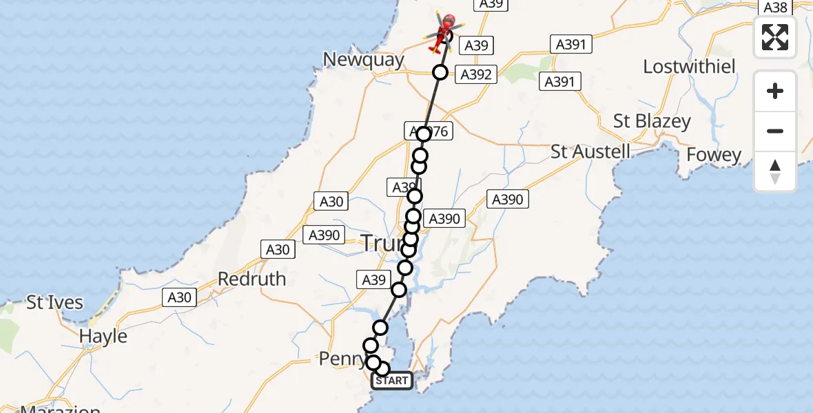 Flight route Air Ambulance Helicopter Falmouth - Cornwall Airport Newquay, 17 August 2026, 14:36