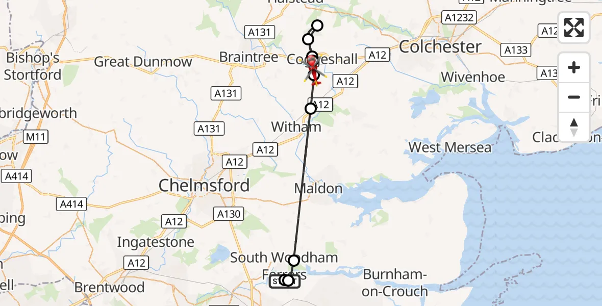 Flight route Air Ambulance Helicopter Rochford - Coggeshall, 17 August 2026, 14:44