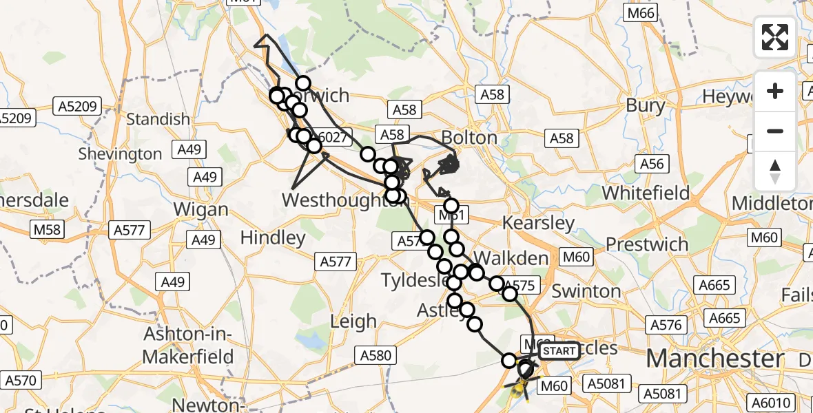 Flight route Police Helicopter Worsley - Manchester Barton Aerodrome, 17 August 2026, 14:47