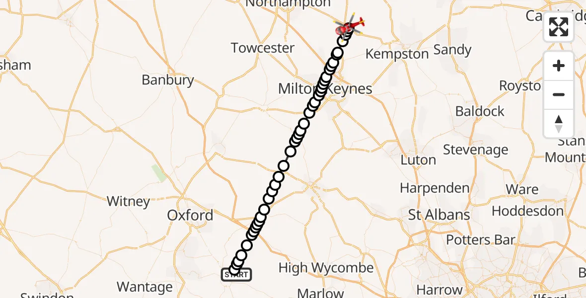 Flight route Air Ambulance Helicopter RAF Benson - Lavendon, 17 August 2026, 14:56