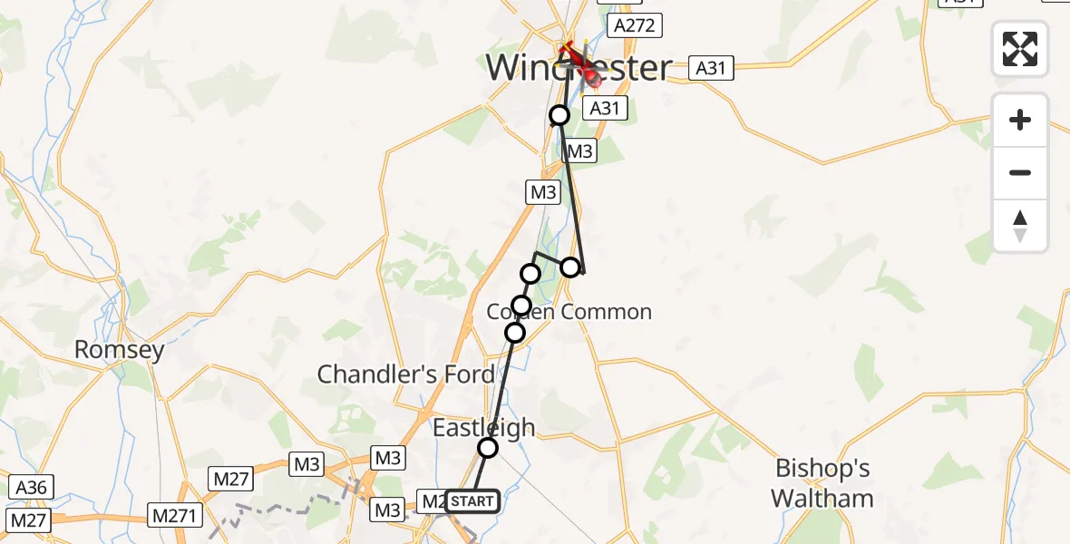 Flight route Air Ambulance Helicopter Southampton Airport - Winchester, 17 August 2026, 14:58