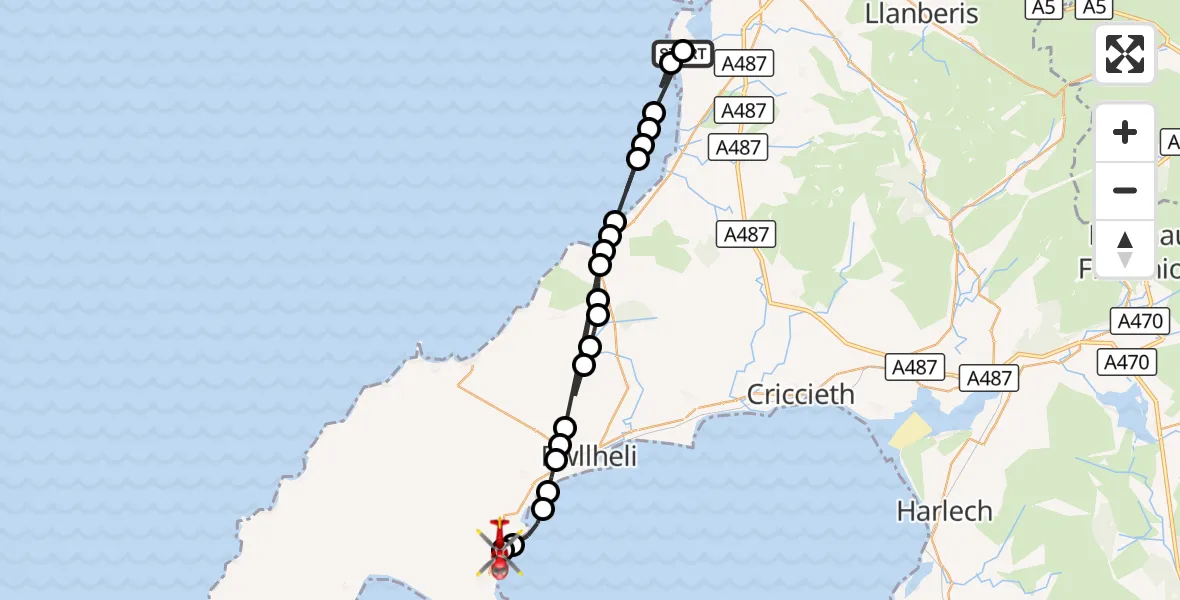 Flight route Air Ambulance Helicopter Caernarfon Airport - Llanbedrog, 17 August 2026, 15:13