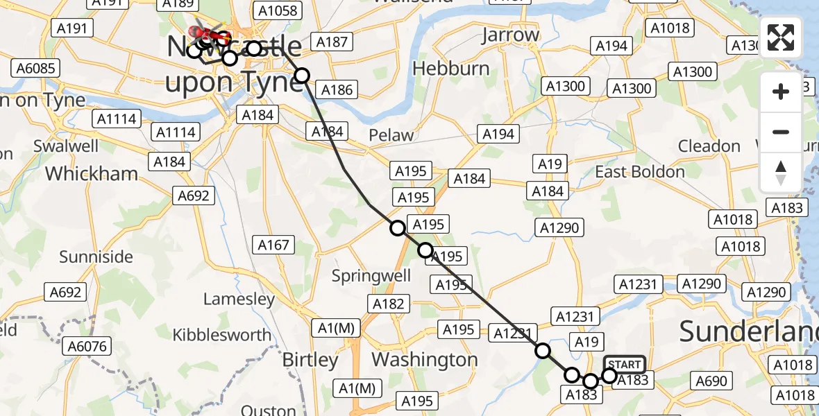 Flight route Air Ambulance Helicopter Pennywell - Haymarket, 17 August 2026, 15:20