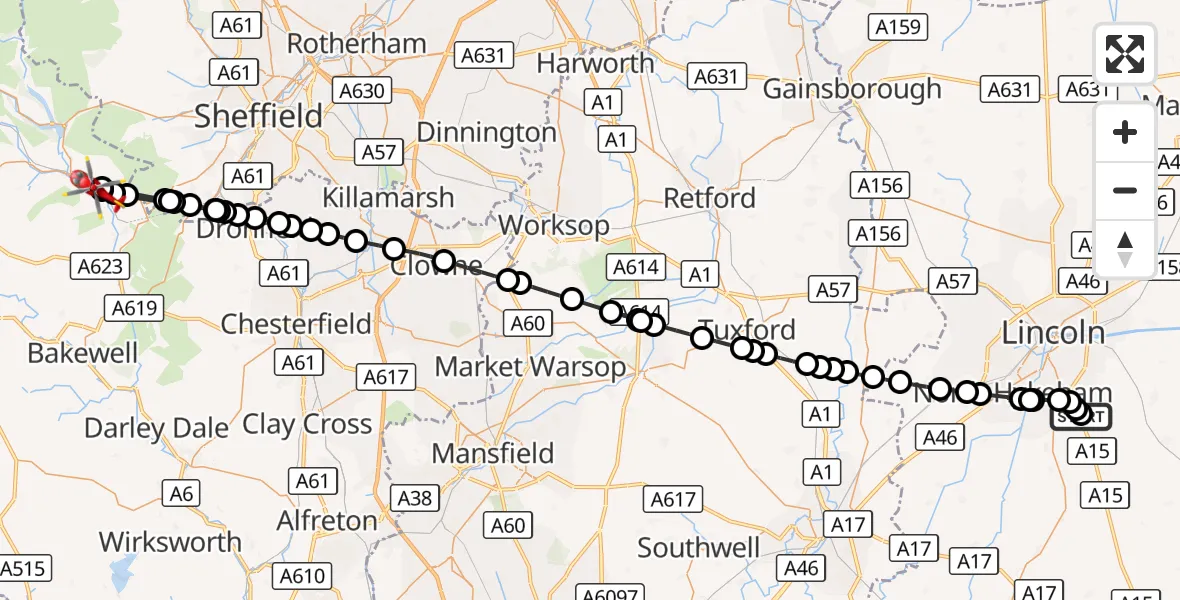 Flight route Air Ambulance Helicopter RAF Waddington - Hathersage, 17 August 2026, 15:21
