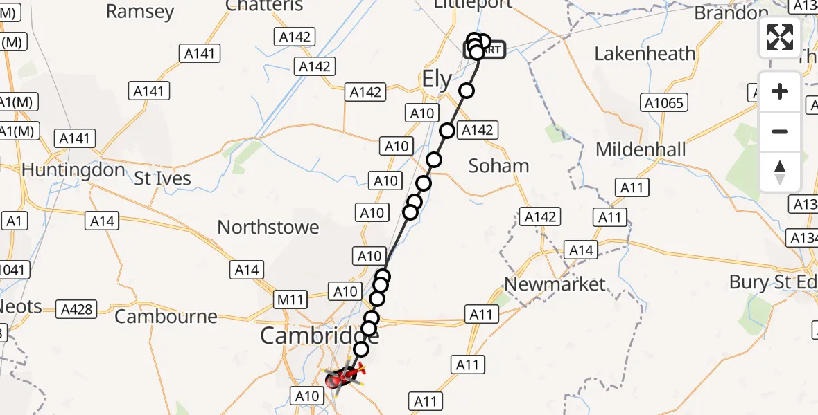 Flight route Air Ambulance Helicopter Queen Adelaide - Cambridge, 17 August 2026, 15:30