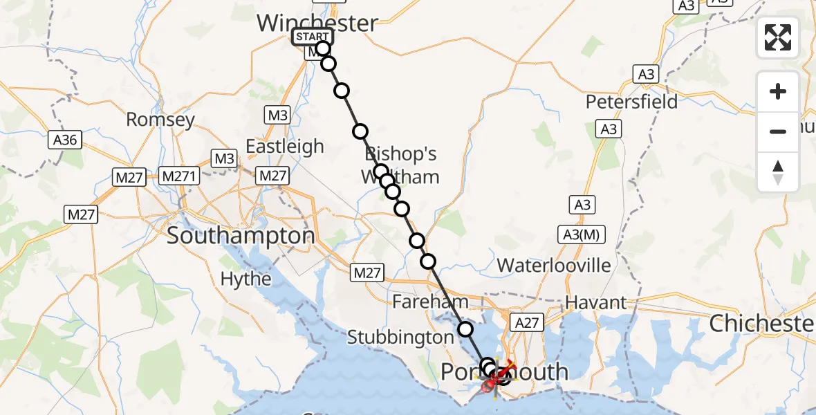 Flight route Air Ambulance Helicopter Winchester - Old Portsmouth, 17 August 2026, 15:31