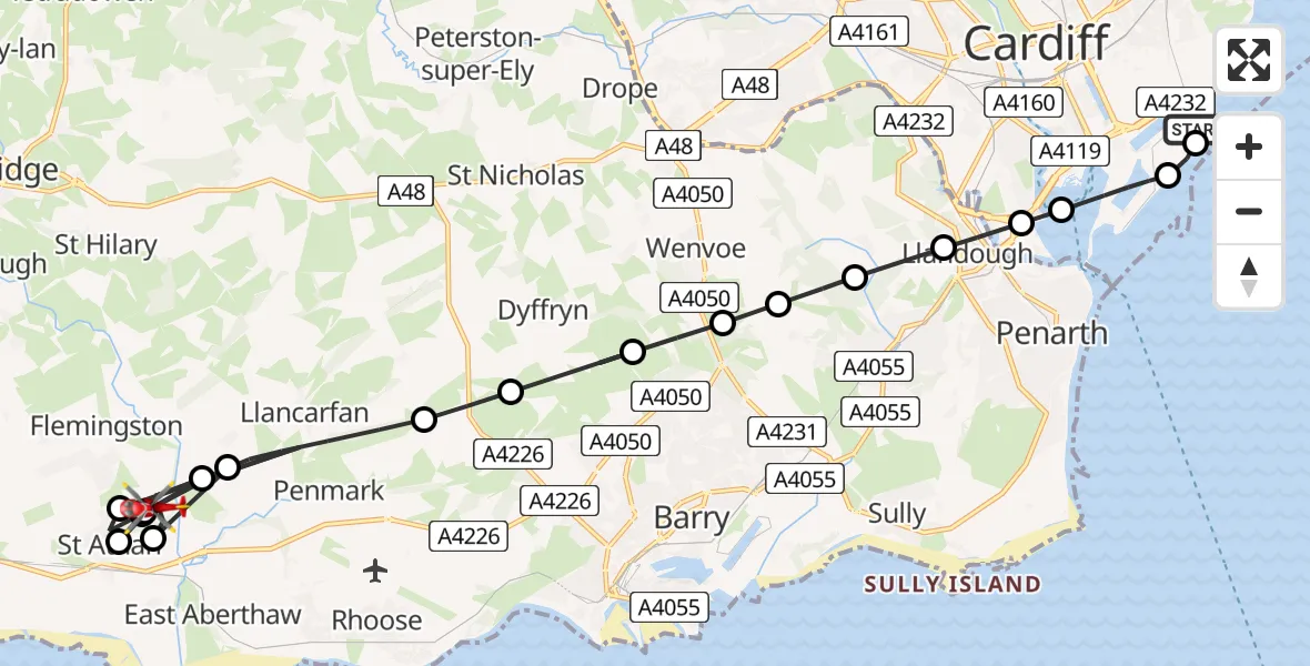 Flight route Air Ambulance Helicopter Cardiff Heliport - Flemingston, 17 August 2026, 15:40