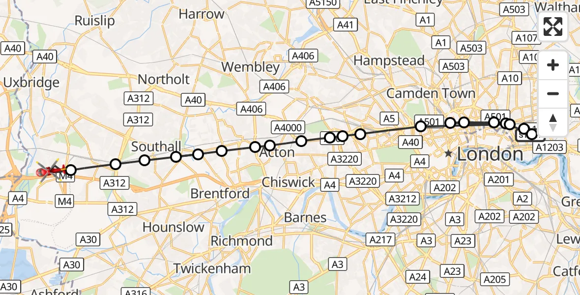 Flight route Air Ambulance Helicopter Royal London Hospital - West Drayton, 17 August 2026, 15:45
