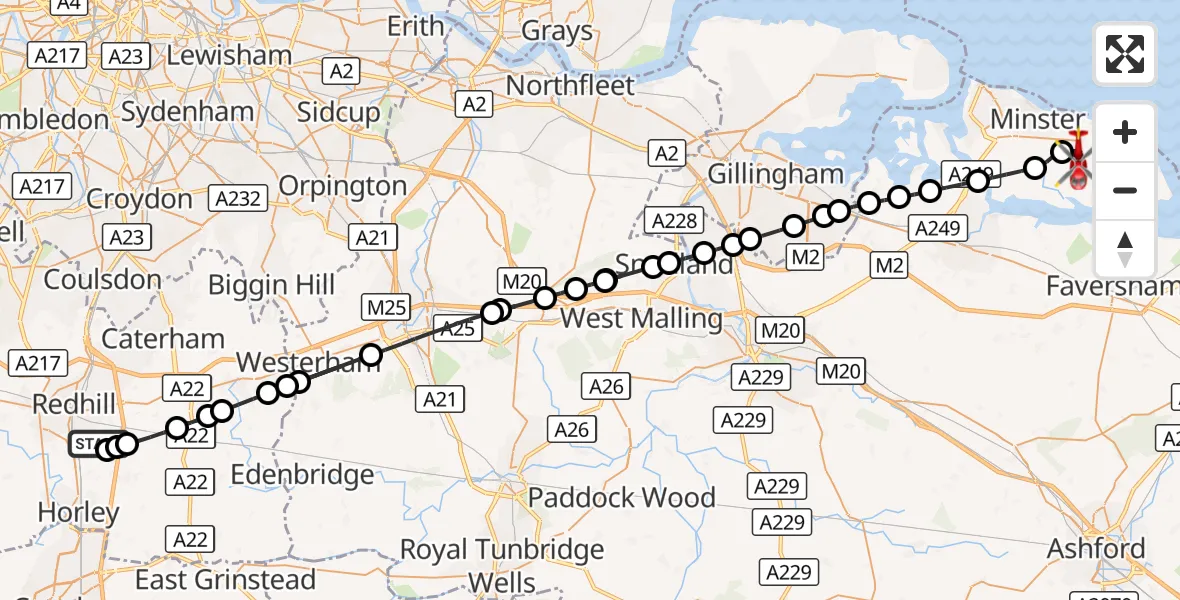 Flight route Air Ambulance Helicopter Redhill Aerodrome - Eastchurch, 17 August 2026, 15:53