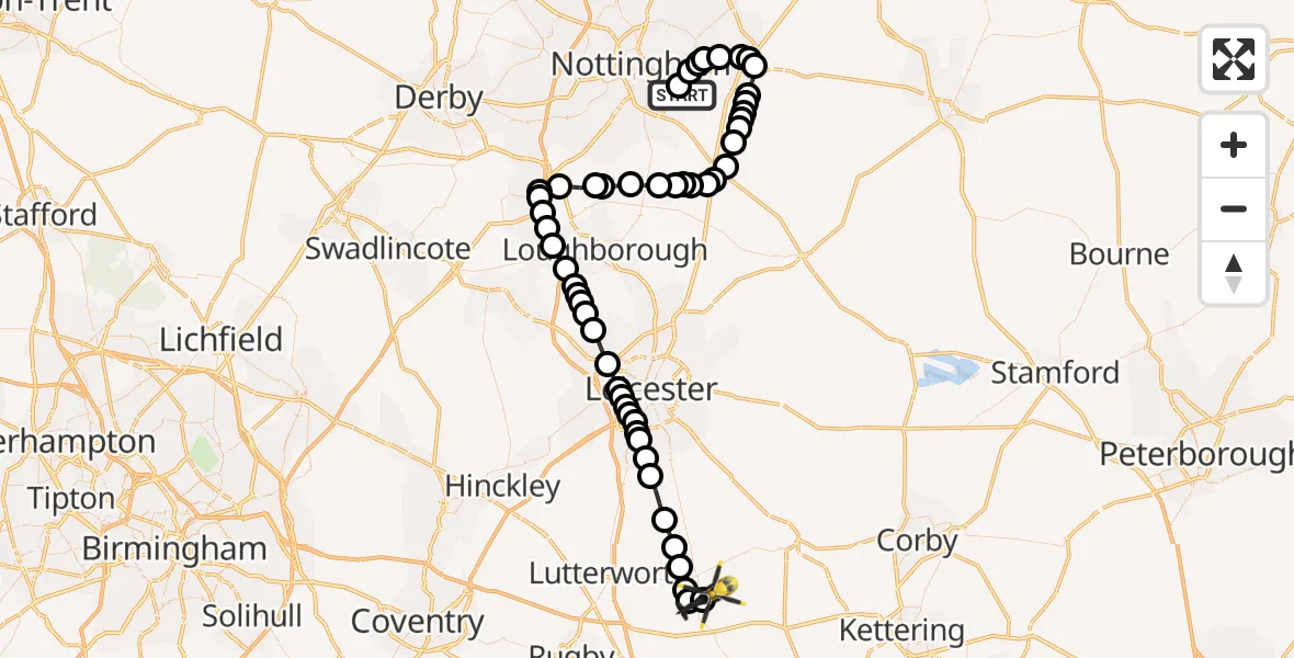 Flight route Police Helicopter Nottingham City Airport - Harborough, 17 August 2026, 16:01