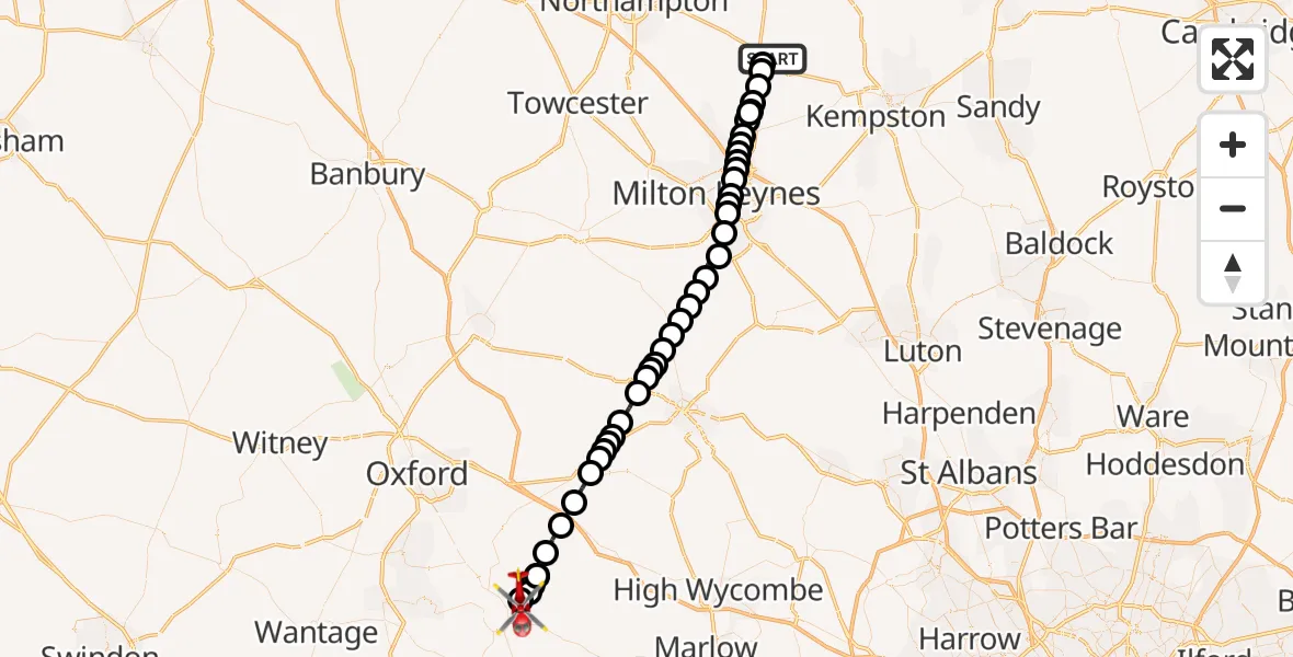 Flight route Air Ambulance Helicopter Lavendon - RAF Benson, 17 August 2026, 16:05