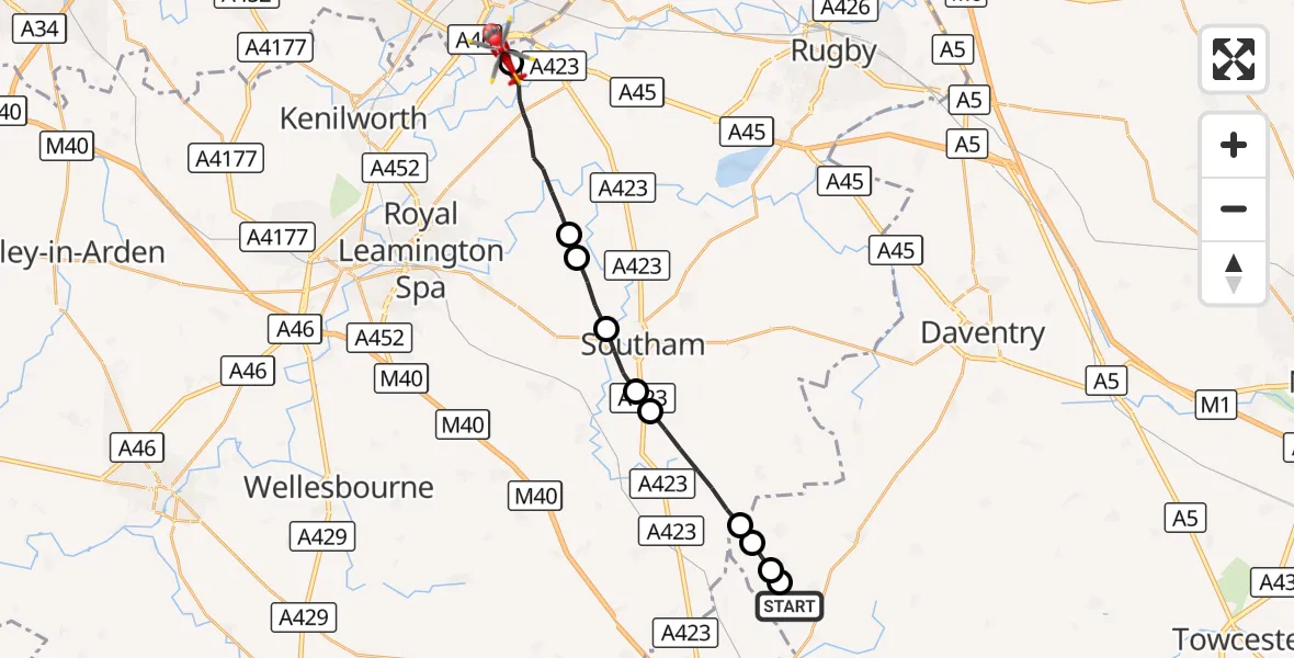 Flight route Air Ambulance Helicopter Aston le Walls - Coventry Airport, 17 August 2026, 16:06