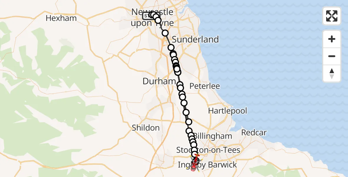 Flight route Air Ambulance Helicopter Newcastle Royal Victoria Infirmary - Egglescliffe, 17 August 2026, 16:06