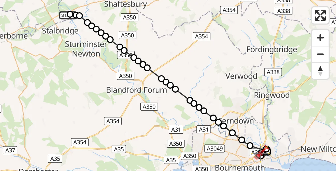 Flight route Air Ambulance Helicopter Henstridge Airfield - Royal Bournemouth Hospital, 17 August 2026, 16:07