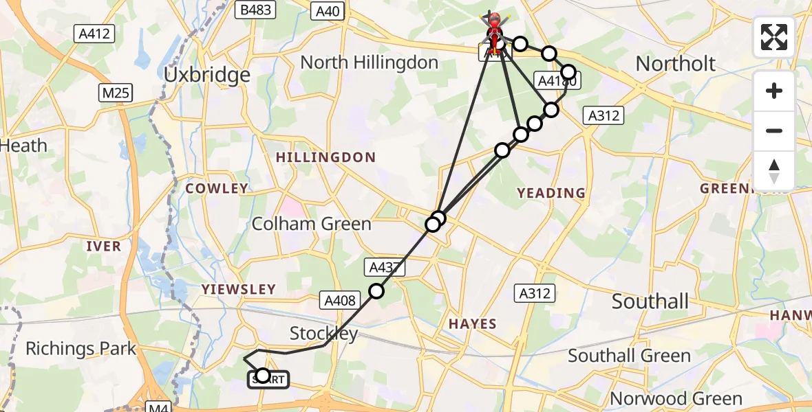 Flight route Air Ambulance Helicopter West Drayton - RAF Northolt, 17 August 2026, 16:22