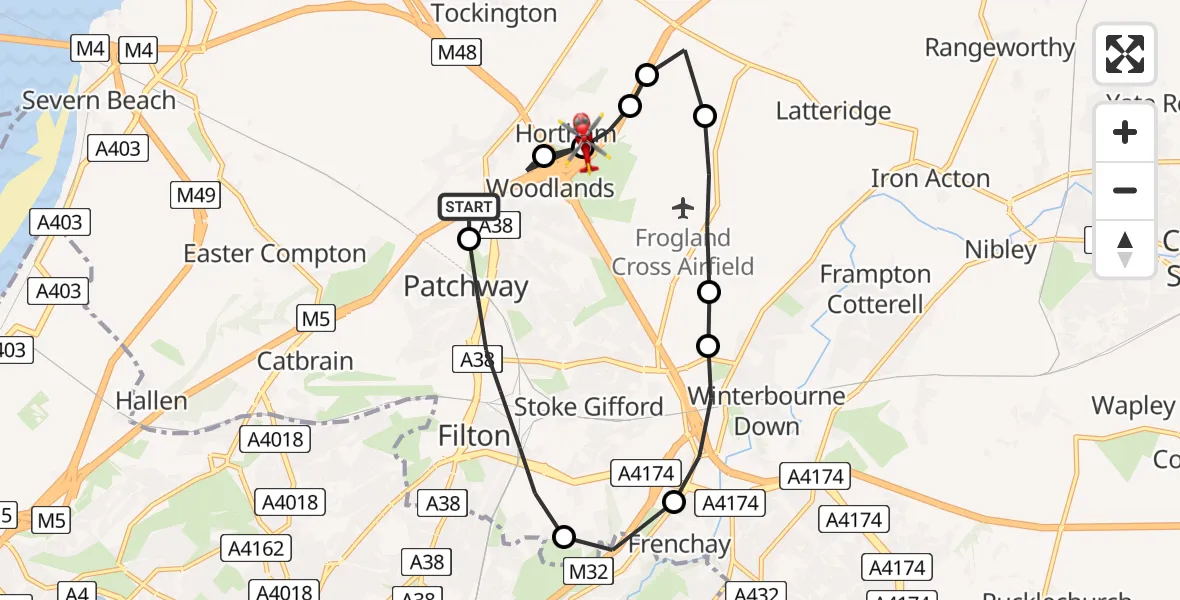 Flight route Air Ambulance Helicopter Patchway - Hortham, 17 August 2026, 16:26