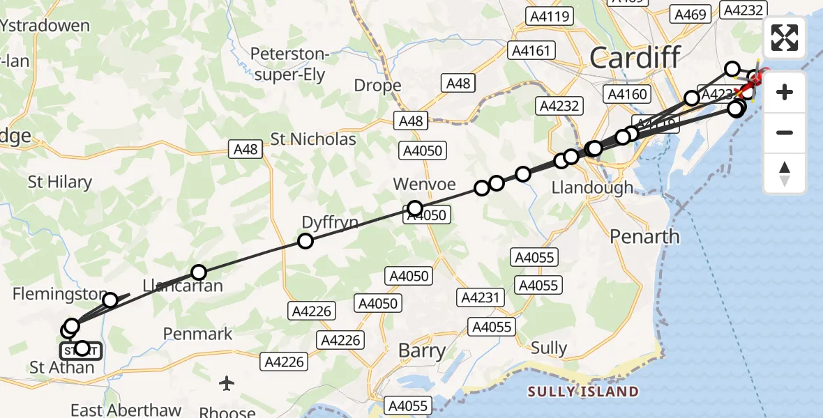 Flight route Air Ambulance Helicopter St Athan - Pengam Green, 17 August 2026, 16:27