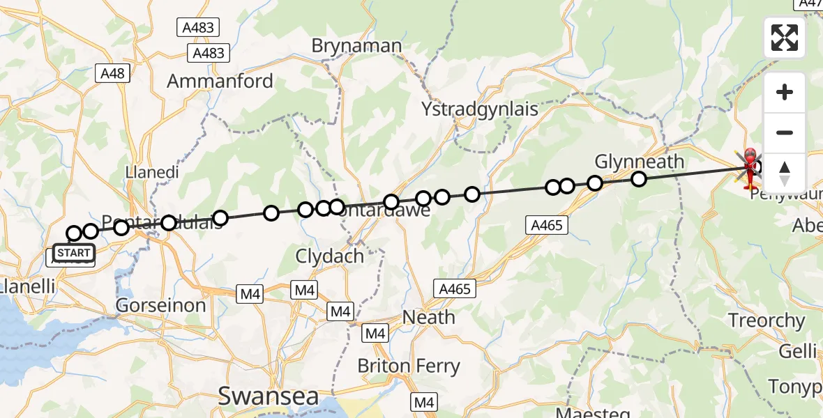 Flight route Air Ambulance Helicopter Dafen - Hirwaun, 17 August 2026, 16:31