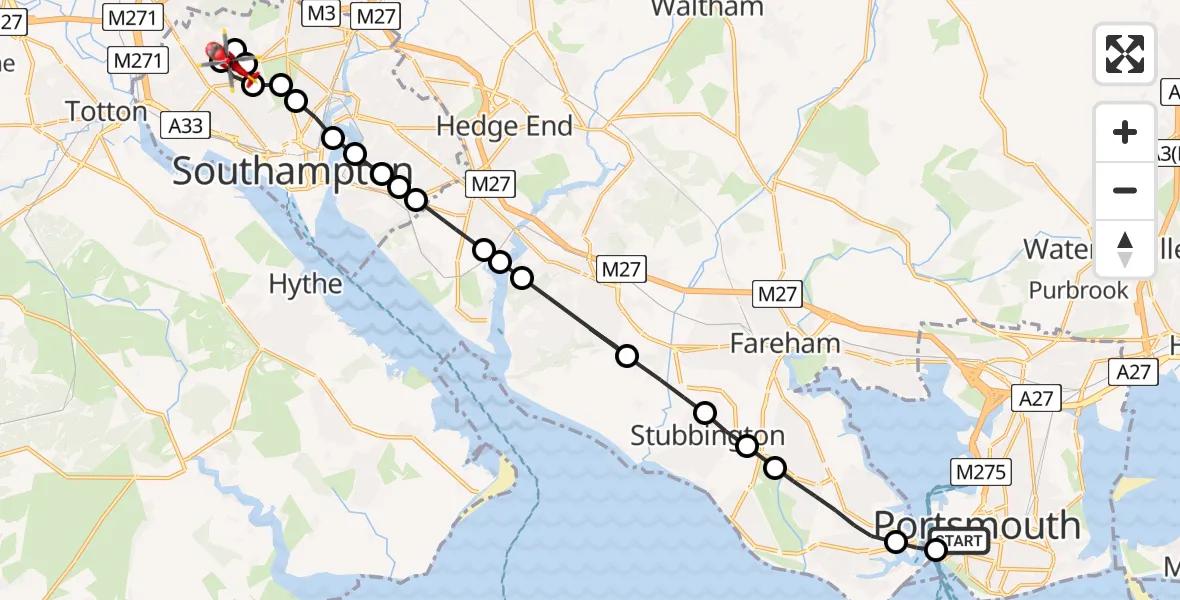 Flight route Air Ambulance Helicopter Old Portsmouth - University Hospital Southampton, 17 August 2026, 16:38