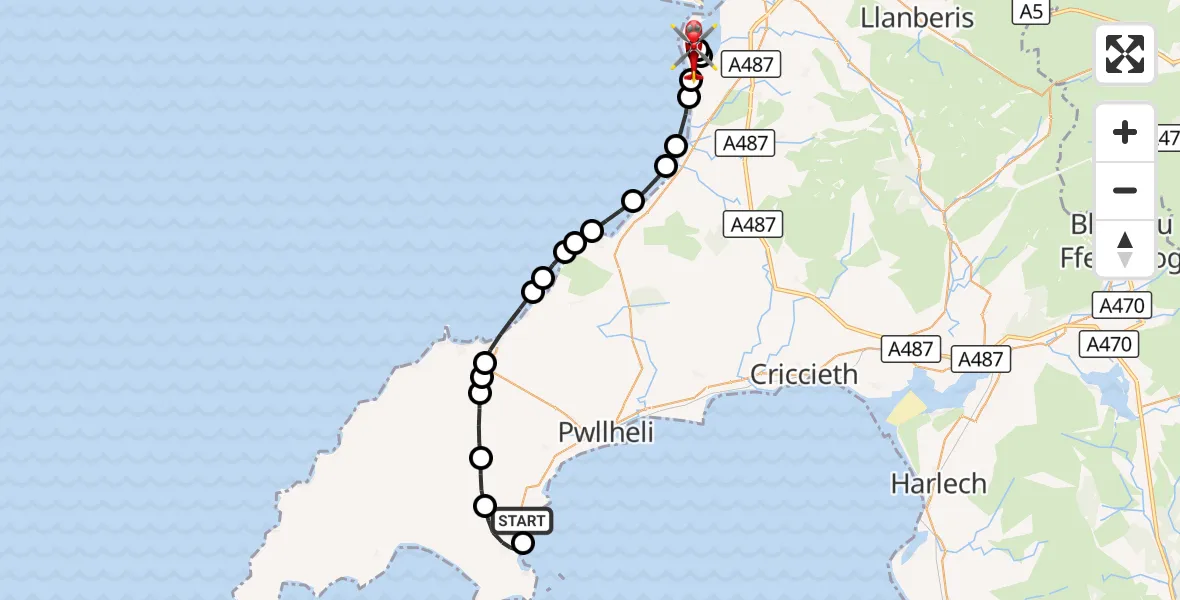 Flight route Air Ambulance Helicopter Llanbedrog - Caernarfon Airport, 17 August 2026, 16:48