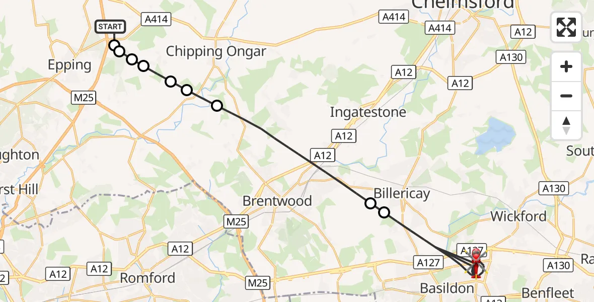 Flight route Air Ambulance Helicopter North Weald Airfield - Basildon, 17 August 2026, 16:57