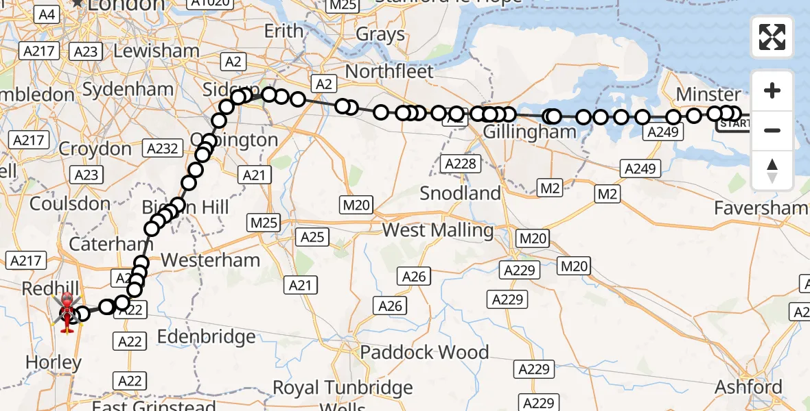 Flight route Air Ambulance Helicopter Eastchurch - Redhill Aerodrome, 17 August 2026, 16:58