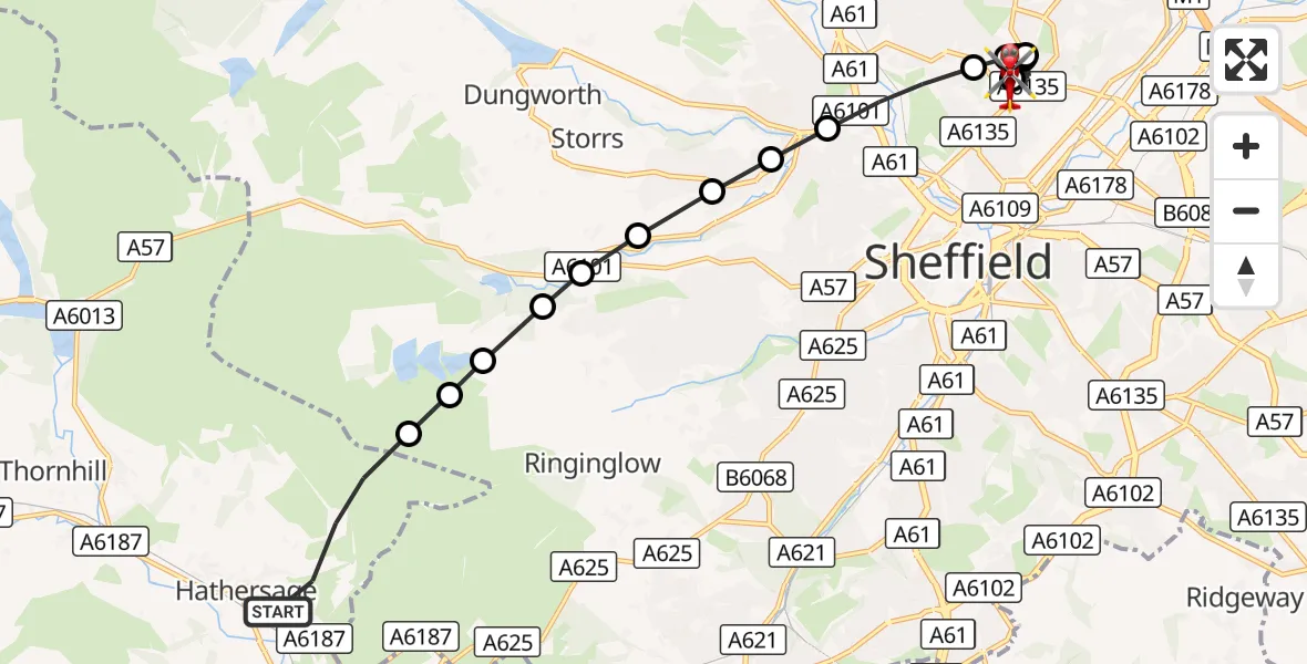 Flight route Air Ambulance Helicopter Hathersage - Sheffield Northern Hospital, 17 August 2026, 17:05
