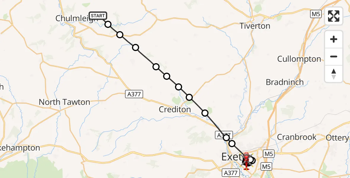 Flight route Air Ambulance Helicopter Chulmleigh - Royal Devon & Exeter Hospital, 17 August 2026, 17:09