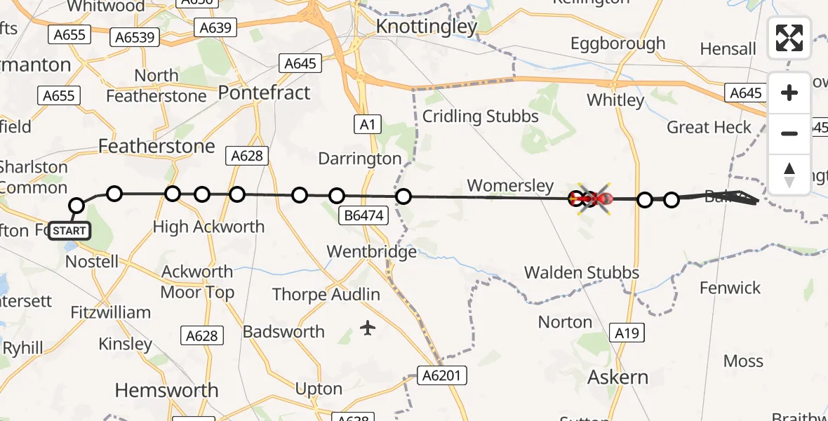 Flight route Air Ambulance Helicopter YAA Nostell Helicopter Port - Womersley, 17 August 2026, 17:15