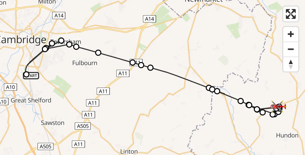 Flight route Air Ambulance Helicopter Papworth Hospital - Stradishall, 17 August 2026, 17:15
