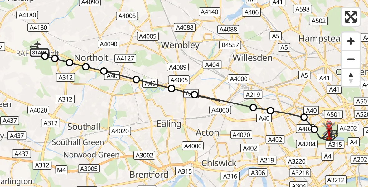 Flight route Air Ambulance Helicopter RAF Northolt - City of Westminster, 17 August 2026, 17:21