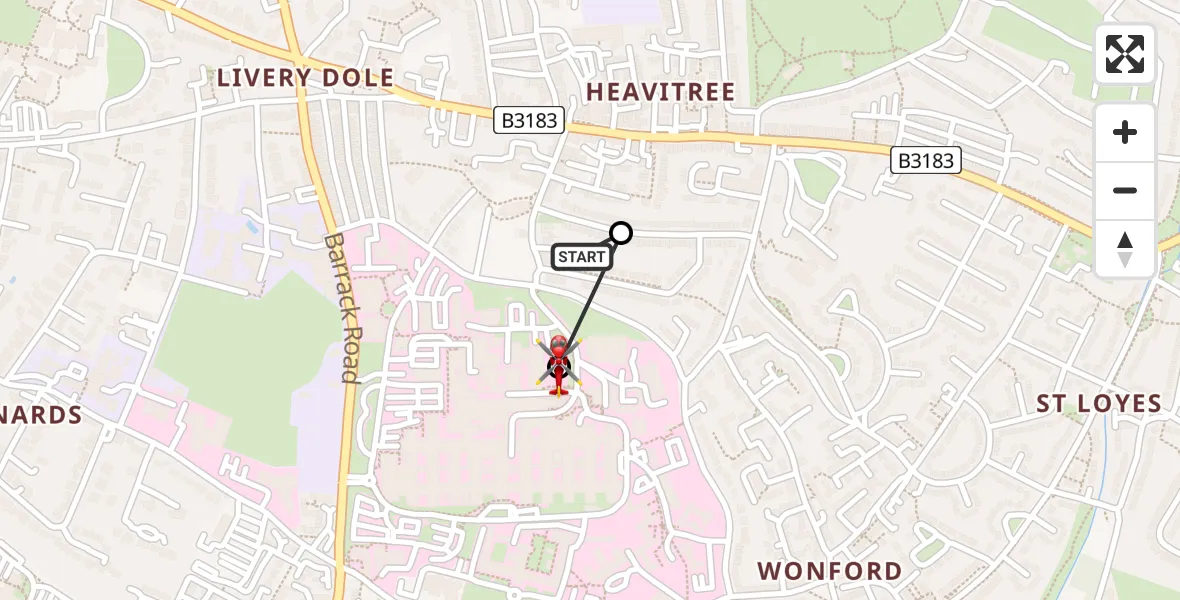Flight route Air Ambulance Helicopter Royal Devon & Exeter Hospital - Royal Devon & Exeter Hospital, 17 August 2026, 17:22