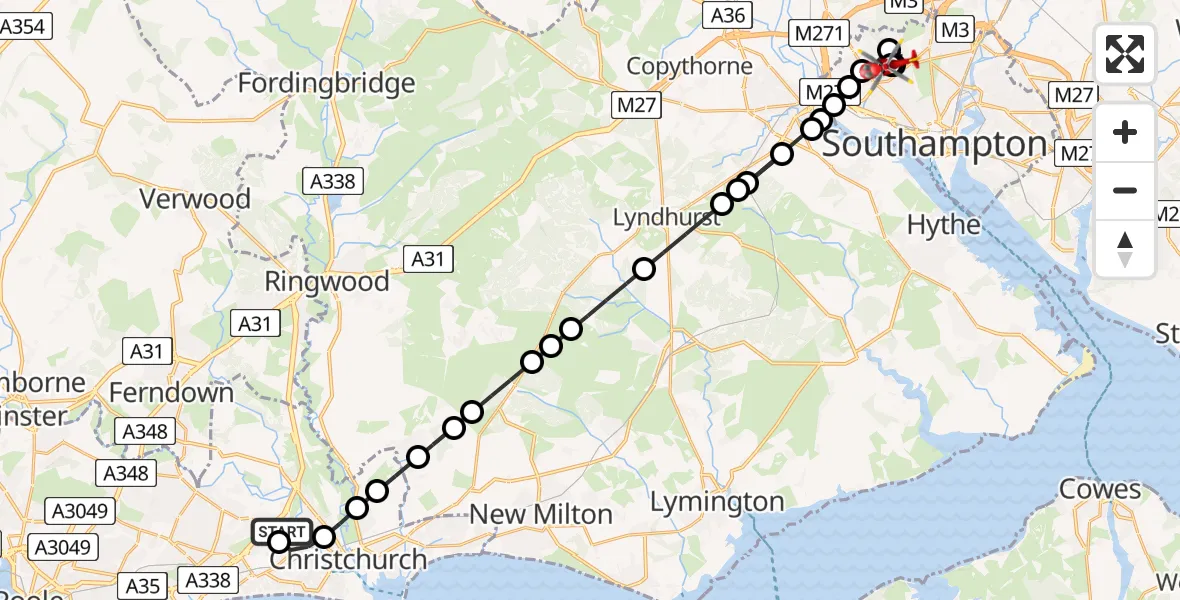 Flight route Air Ambulance Helicopter Royal Bournemouth Hospital - University Hospital Southampton, 17 August 2026, 17:24