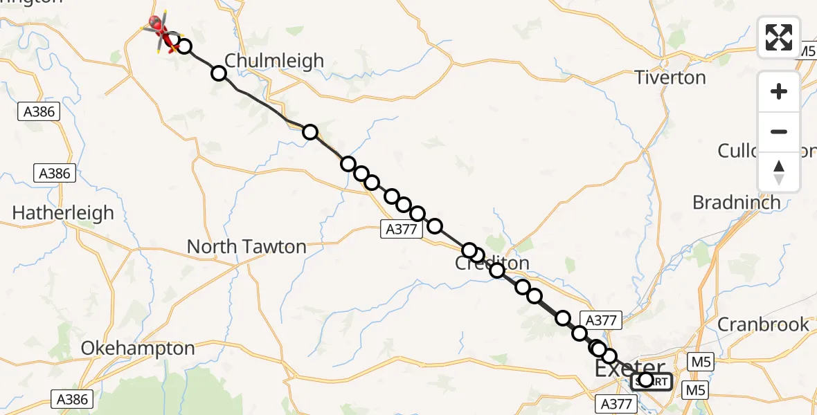 Flight route Air Ambulance Helicopter Royal Devon & Exeter Hospital - Burrington, 17 August 2026, 17:27