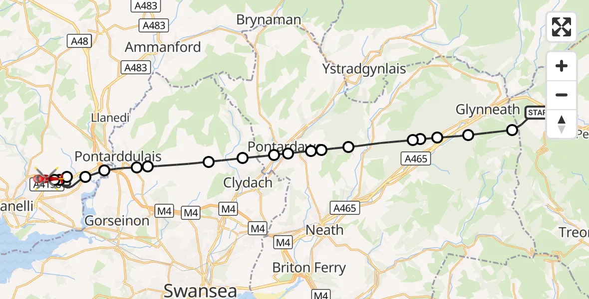 Flight route Air Ambulance Helicopter Rhigos - Dafen, 17 August 2026, 17:33