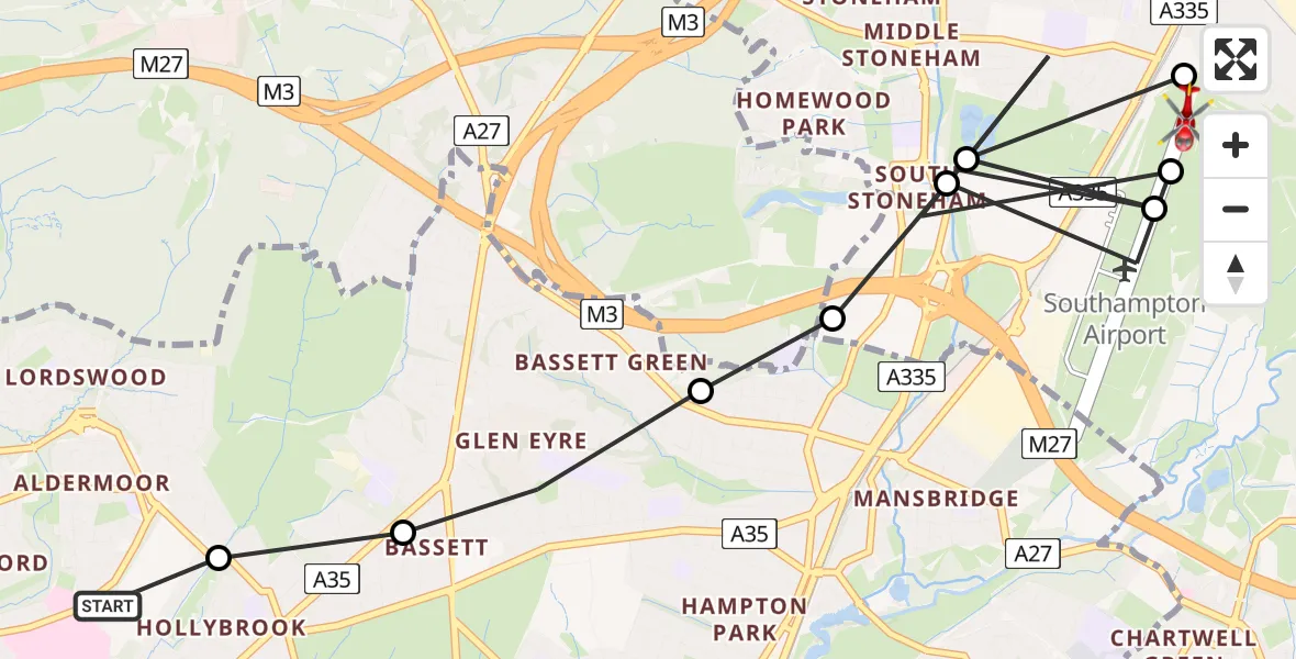 Flight route Air Ambulance Helicopter University Hospital Southampton - Southampton Airport, 17 August 2026, 17:35
