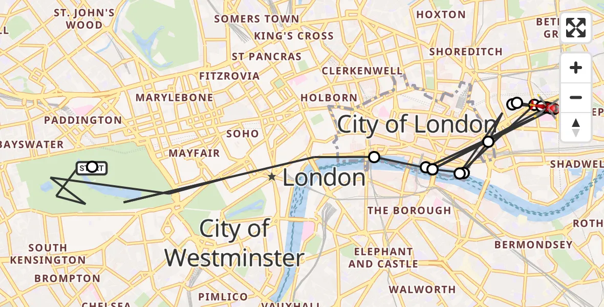 Flight route Air Ambulance Helicopter City of Westminster - Royal London Hospital, 17 August 2026, 17:36